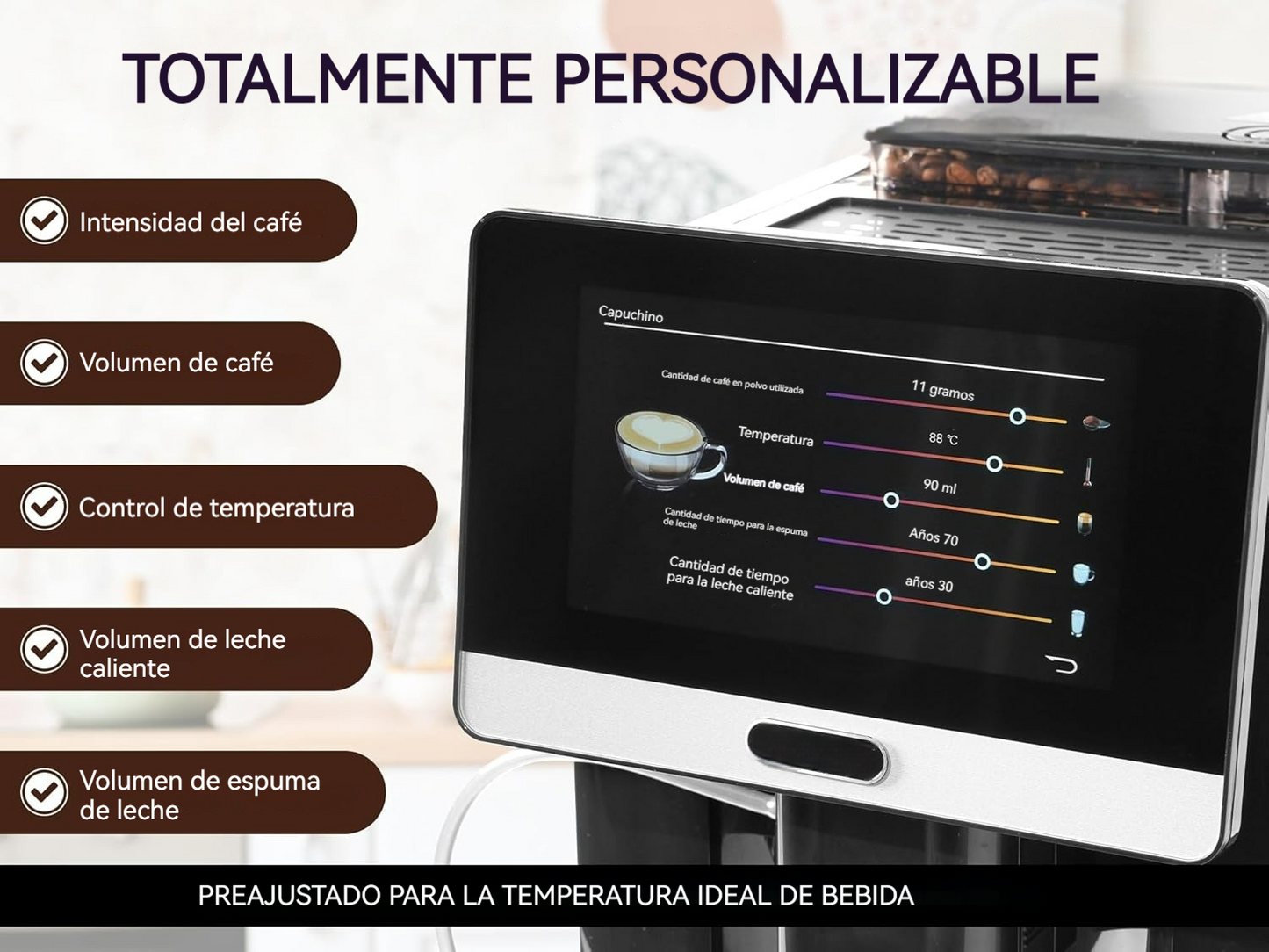 Cafetera automática con pantalla táctil, molinillo y espumador de leche