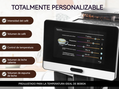 Cafetera automática con pantalla táctil, molinillo y espumador de leche