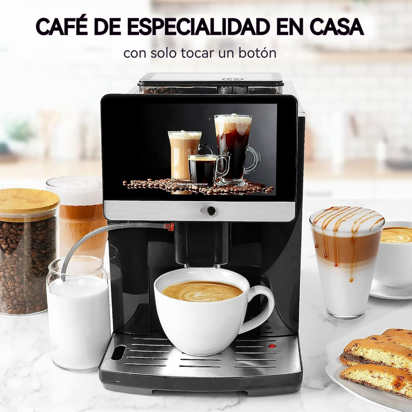 Cafetera automática con pantalla táctil, molinillo y espumador de leche