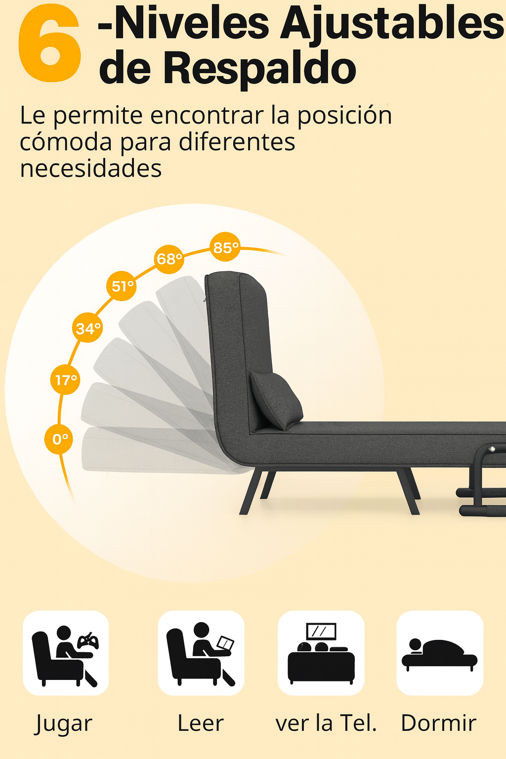 Sofá Cama Convertible con Respaldo Ajustable y Diseño Plegable