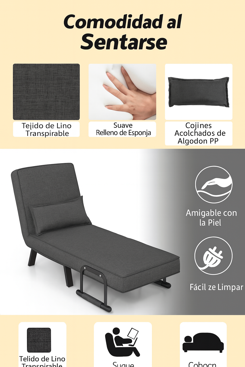 Sofá Cama Convertible con Respaldo Ajustable y Diseño Plegable