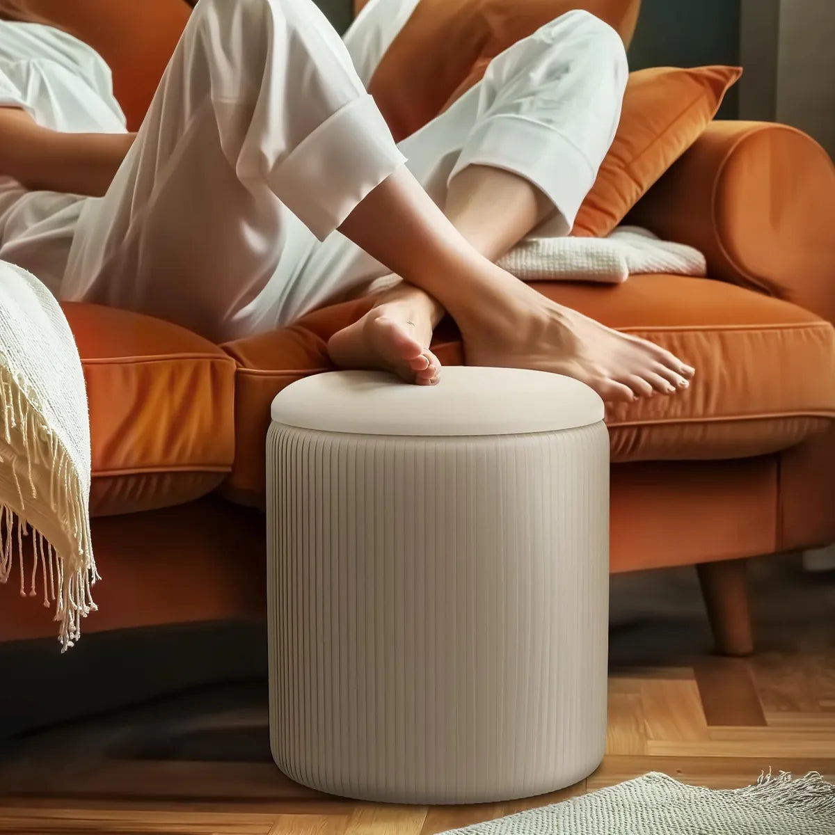 Set de Otomanas Redondas con Almacenaje y Tapa Multifunción