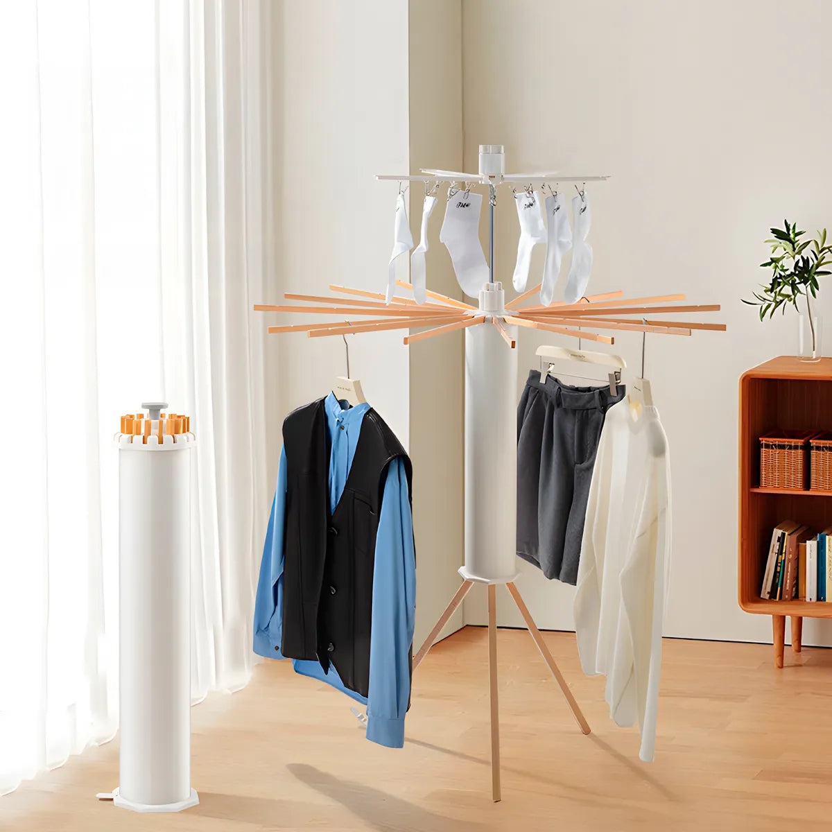 Tendedero Plegable Vertical con 16 Varas y Cubierta Protectora