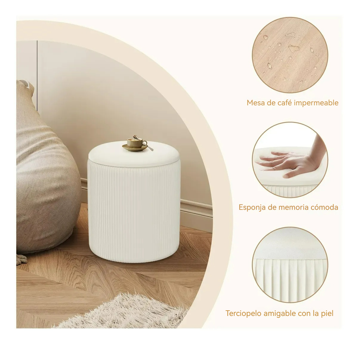 Set de Otomanas Redondas con Almacenaje y Tapa Multifunción