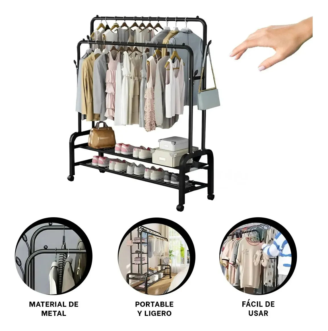 Estantes Metálicos con Ruedas para Organización de Ropa y Accesorios