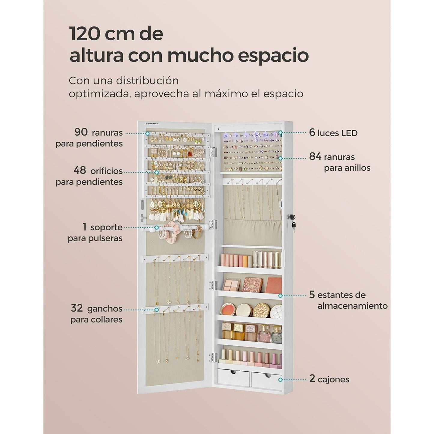 Espejo Joyero de Pared con Luces LED