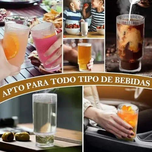 Set de 4 Vasos de Vidrio Acanalado para Bebidas Frías y Calientes