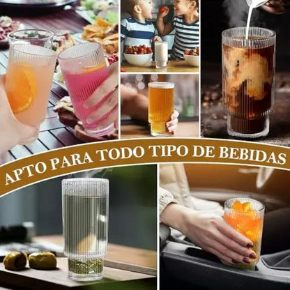 Set de 4 Vasos de Vidrio Acanalado para Bebidas Frías y Calientes