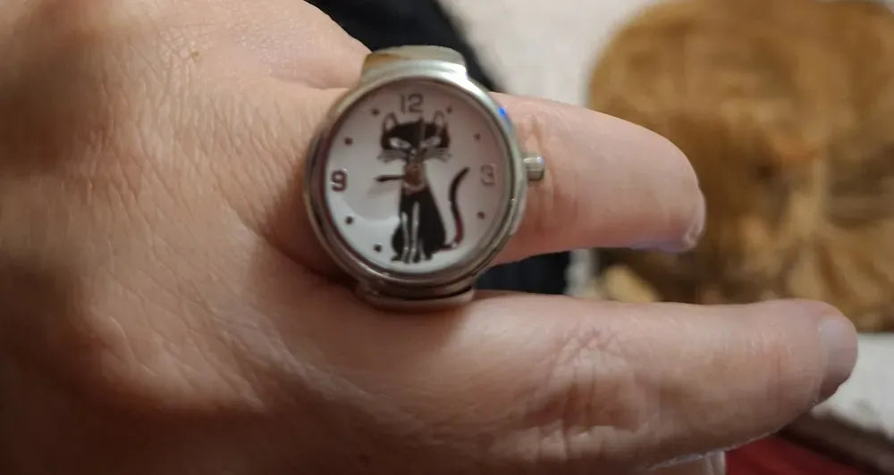 Anillo Reloj Ajustable con Diseño Gatito y Caja de Regalo