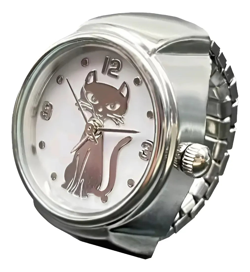 Anillo Reloj Ajustable con Diseño Gatito y Caja de Regalo
